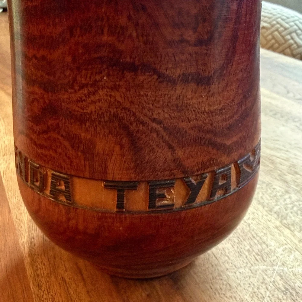 Carved Wooden Lidded Jar with Inlay Detail - Rich Mahogany Tone